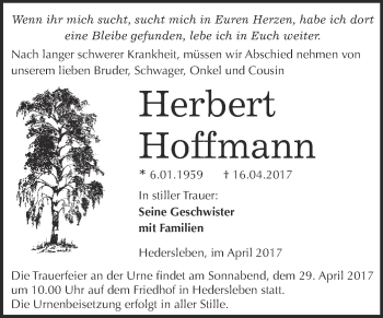 Traueranzeige von Herbert Hoffmann von WVG - Wochenspiegel Quedlinburg