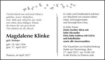 Traueranzeige von Magdalene Klinke von Mitteldeutsche Zeitung Weißenfels