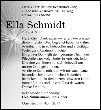 Traueranzeige von Ella Schmidt von Mitteldeutsche Zeitung Mansfelder Land