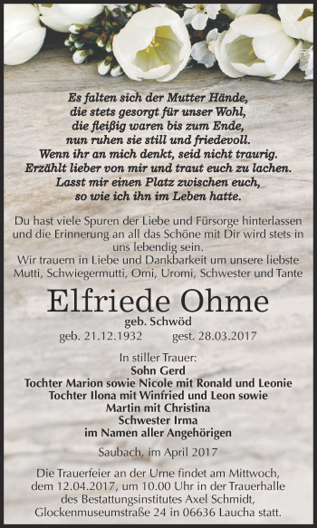 Traueranzeige von Elfriede Ohme von WVG - Wochenspiegel NMB / WSF / ZTZ