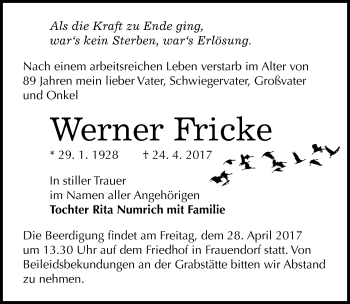 Traueranzeige von Werner Fricke von Mitteldeutsche Zeitung Mansfelder Land