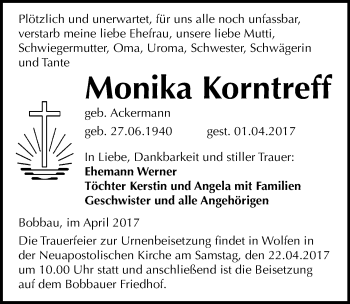Traueranzeige von Monika Korntreff von Mitteldeutsche Zeitung Bitterfeld