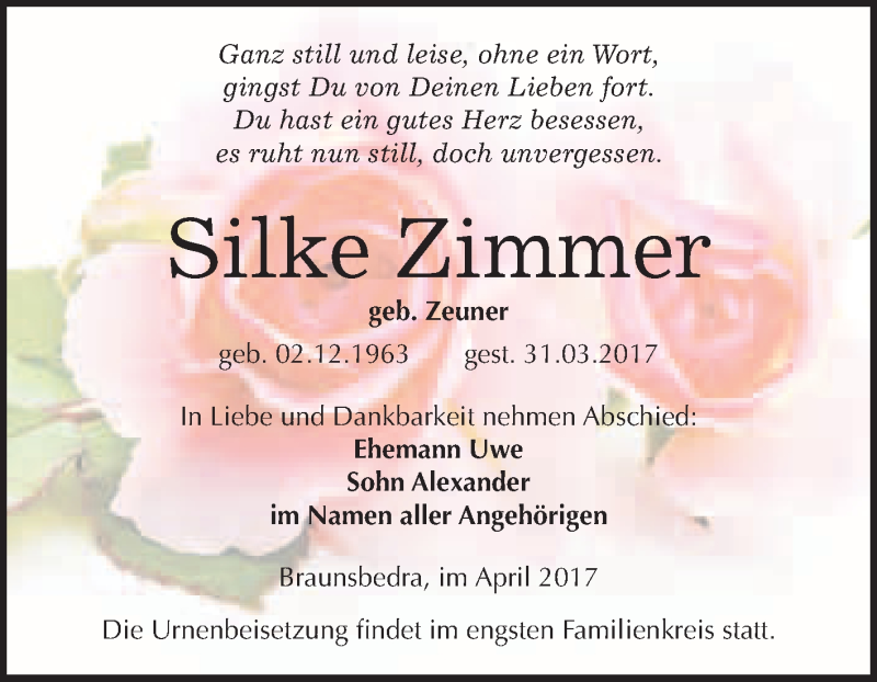  Traueranzeige für Silke Zimmer vom 08.04.2017 aus Super Sonntag Halle