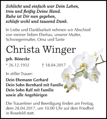 Traueranzeige von Christa Winger von WVG - Wochenspiegel Dessau / Köthen