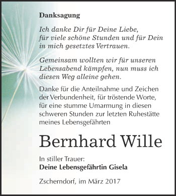 Traueranzeige von Bernhard Wille von WVG - Wochenspiegel Bitterfeld