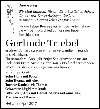 Traueranzeige von Gerlinde Triebel von Mitteldeutsche Zeitung Mansfelder Land