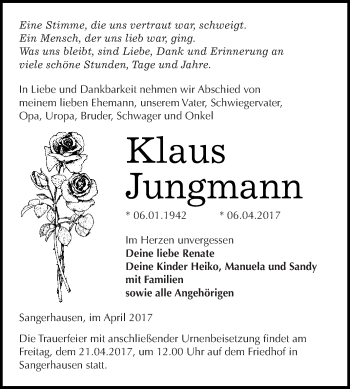 Traueranzeige von Klaus Jungmann von Super Sonntag SGH Mansf. Land