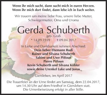 Traueranzeige von Gerda Schuberth von Super Sonntag Aschersleben