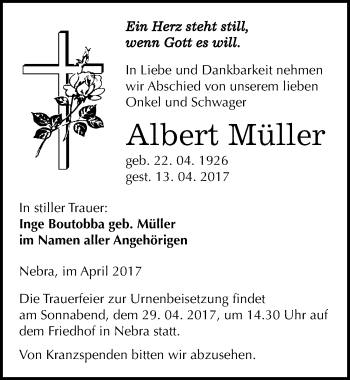 Traueranzeige von Albert Müller von Mitteldeutsche Zeitung Naumburg/Nebra