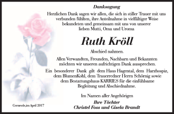 Traueranzeige von Ruth Kröll von WVG - Wochenspiegel Quedlinburg