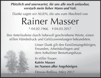Traueranzeige von Rainer Masser von WVG - Wochenspiegel Dessau / Köthen
