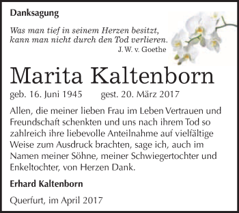 Traueranzeige von Marita Kaltenborn von WVG - Wochenspiegel Merseburg