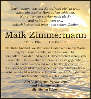 Traueranzeige von Maik Zimmermann von Mitteldeutsche Zeitung Mansfelder Land