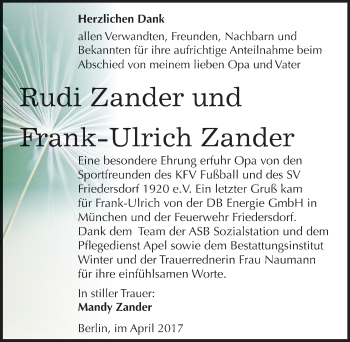 Traueranzeige von Rudi und Frank-Ulrich Zander von Mitteldeutsche Zeitung Bitterfeld