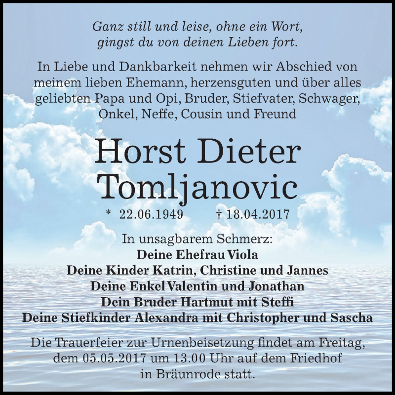  Traueranzeige für Horst Dieter Tomljanovic vom 29.04.2017 aus Super Sonntag SGH Mansf. Land