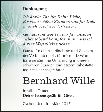 Traueranzeige von Bernhard Wille von Mitteldeutsche Zeitung Bitterfeld