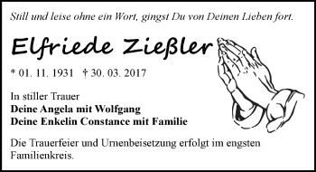 Traueranzeige von Elfriede Zießler von Mitteldeutsche Zeitung Bitterfeld