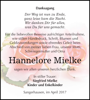 Traueranzeige von Hannelore Mielke von Super Sonntag SGH Mansf. Land