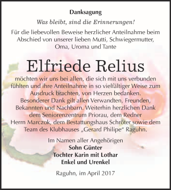 Traueranzeige von Elfriede Relius von WVG - Wochenspiegel Bitterfeld