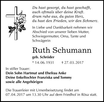 Traueranzeige von Ruth Schumann von Mitteldeutsche Zeitung Bitterfeld