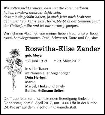 Traueranzeige von Roswitha-Elise Zander von Mitteldeutsche Zeitung Halle/Saalkreis
