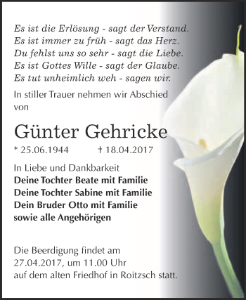 Traueranzeige von Günter Gehricke von WVG - Wochenspiegel Bitterfeld