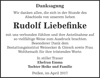 Traueranzeige von Rudolf Liebefinke von Super Sonntag Bernburg