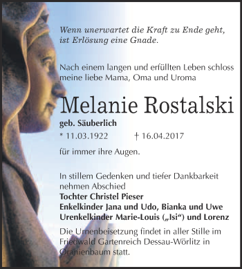 Traueranzeige von Melanie Rostalski von WVG - Wochenspiegel Bitterfeld