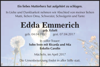 Traueranzeige von Edda Emmerich von WVG - Wochenspiegel Merseburg