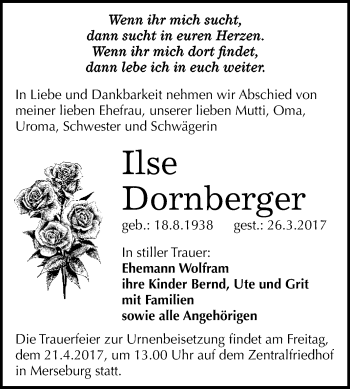 Traueranzeige von Ilse Dornberger von Super Sonntag Halle