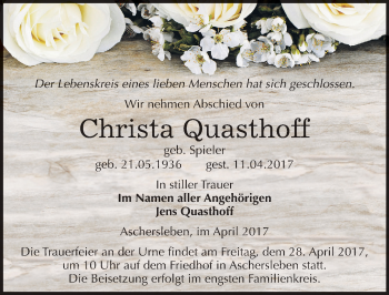 Traueranzeige von Christa Quasthoff von Mitteldeutsche Zeitung Aschersleben
