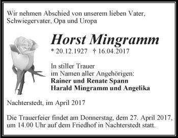Traueranzeige von Horst Mingramm von Super Sonntag Aschersleben