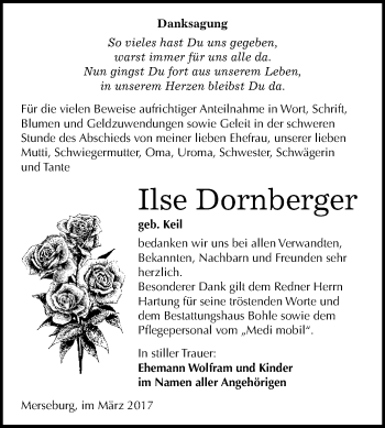 Traueranzeige von Ilse Dornberger von WVG - Wochenspiegel Merseburg