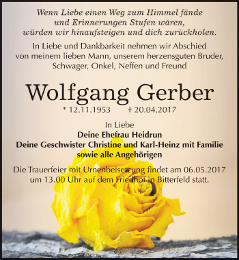 Traueranzeige von Wolfgang Gerber von Mitteldeutsche Zeitung Bitterfeld
