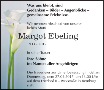 Traueranzeige von Margot Ebeling von Mitteldeutsche Zeitung Bernburg