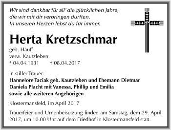 Traueranzeige von Herta Kretzschmar von Mitteldeutsche Zeitung Mansfelder Land