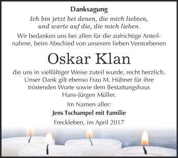 Traueranzeige von Oskar Klan von Super Sonntag SGH Mansf. Land