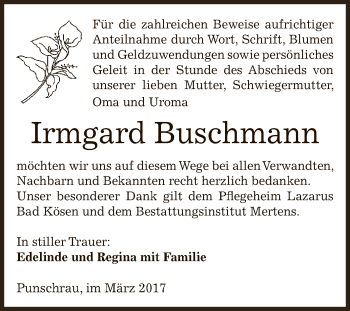 Traueranzeige von Irmgard Buschmann von WVG - Wochenspiegel NMB / WSF / ZTZ