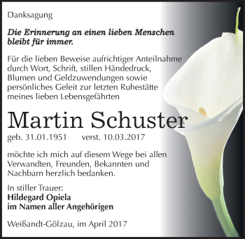 Traueranzeige von Martin Schuster von Mitteldeutsche Zeitung Köthen