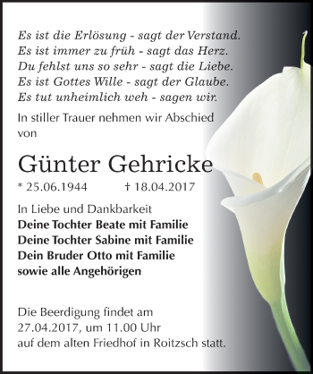 Traueranzeige von Günter Gehricke von Mitteldeutsche Zeitung Bitterfeld