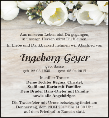 Traueranzeige von Ingeborg Geyer von Mitteldeutsche Zeitung Bitterfeld