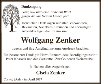 Traueranzeige von Wolfgang Zenker von Super Sonntag Wittenberg