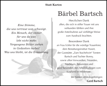 Traueranzeige von Bärbel Bartsch von Super Sonntag Wittenberg