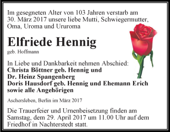 Traueranzeige von Elfriede Hennig von Super Sonntag SGH Mansf. Land