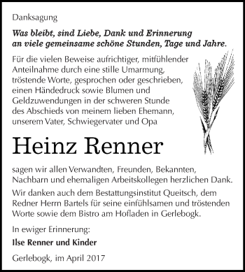 Traueranzeige von Heinz Renner von Super Sonntag Bernburg