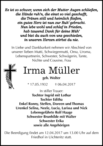 Traueranzeige von Irma Müller von Mitteldeutsche Zeitung Weißenfels