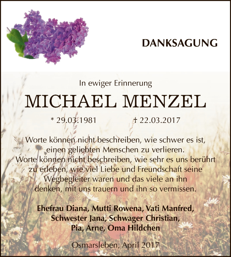  Traueranzeige für Michael Menzel vom 22.04.2017 aus Super Sonntag Bernburg