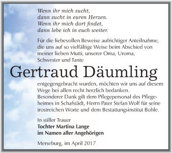 Traueranzeige von Gertraud Däumling von WVG - Wochenspiegel Merseburg