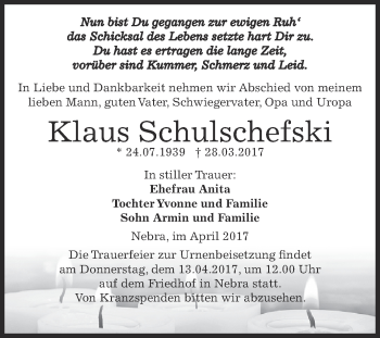 Traueranzeige von Klaus Schulschefski von WVG - Wochenspiegel NMB / WSF / ZTZ