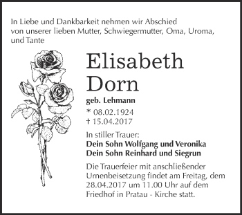 Traueranzeige von Elisabeth Dorn von WVG - Wochenspiegel Wittenberg